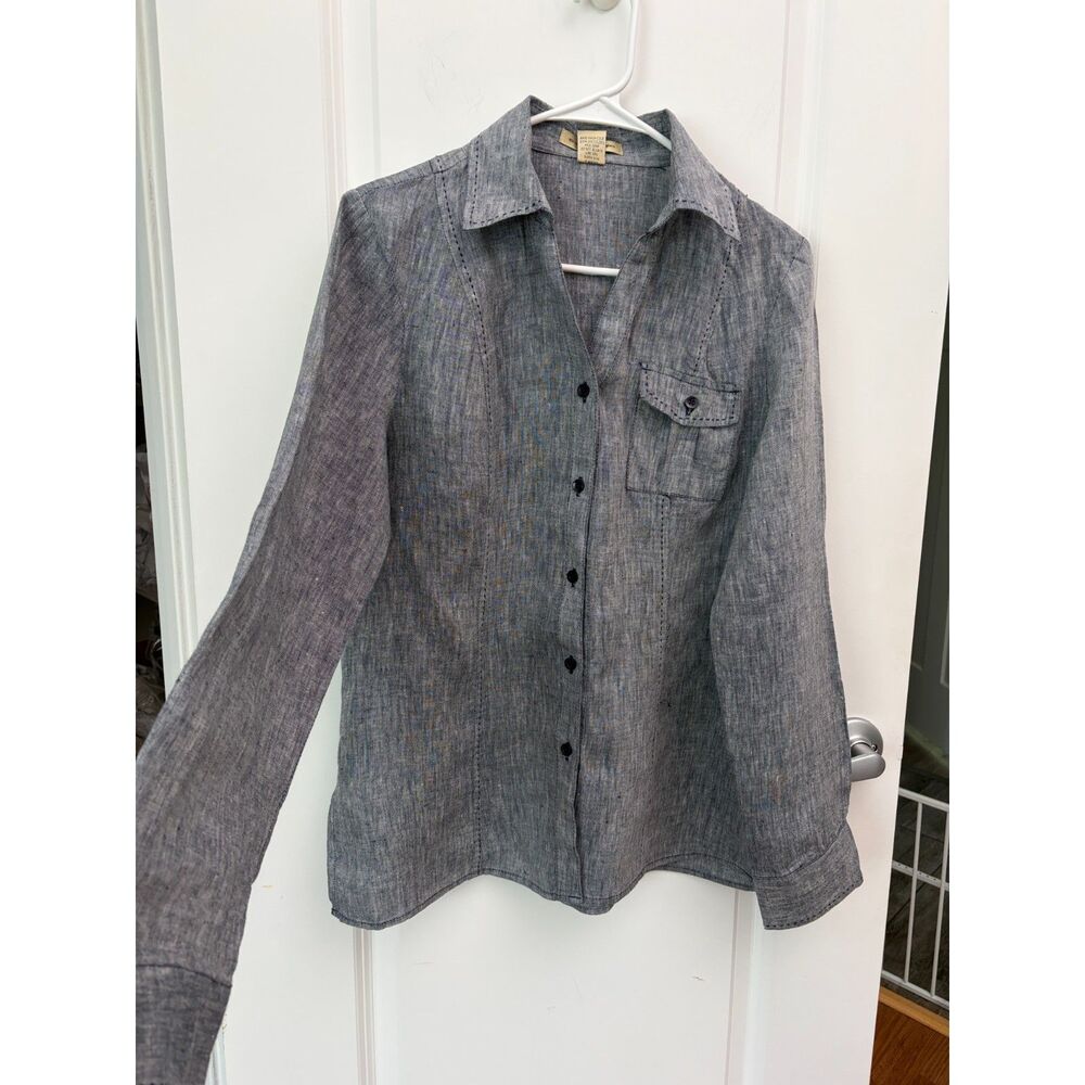 Ecologie Womens Sz L 100% Linen Belted Shirt Blue Grey Coastal Chic Grandmother